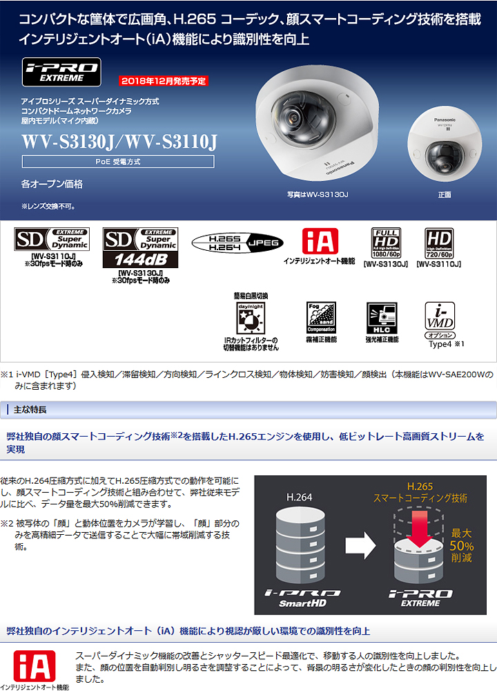【WV-S3110J】Panasonic i-proエクストリーム 屋内対応 HDドームネットワークカメラ （代引不可・返品不可）