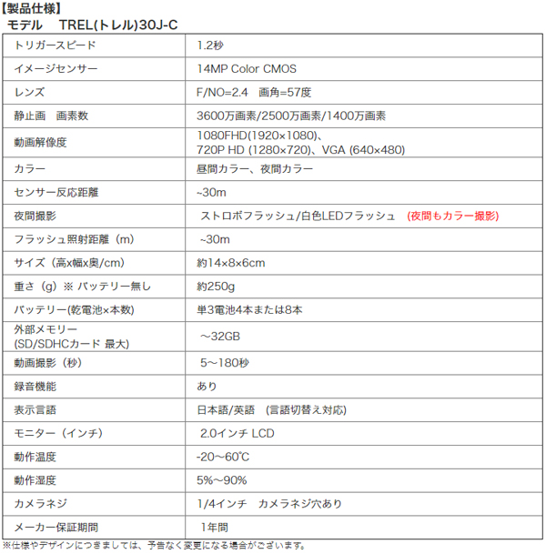 30J-C】　夜間カラー自動撮影カメラ（センサーカメラ）（返品不可）　防犯カメラダイレクト