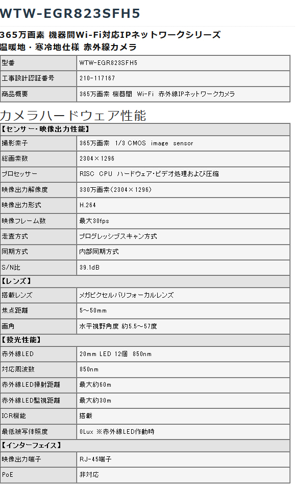 WTW-EGR823SFH5】 365万画素 機器間Wi-Fi対応IPネットワークシリーズ